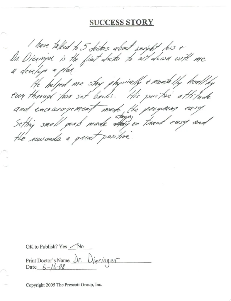 Handwritten success story testimonial dated 6-16-08 from Dr. Dieringer's patient describing chiropractic treatment results