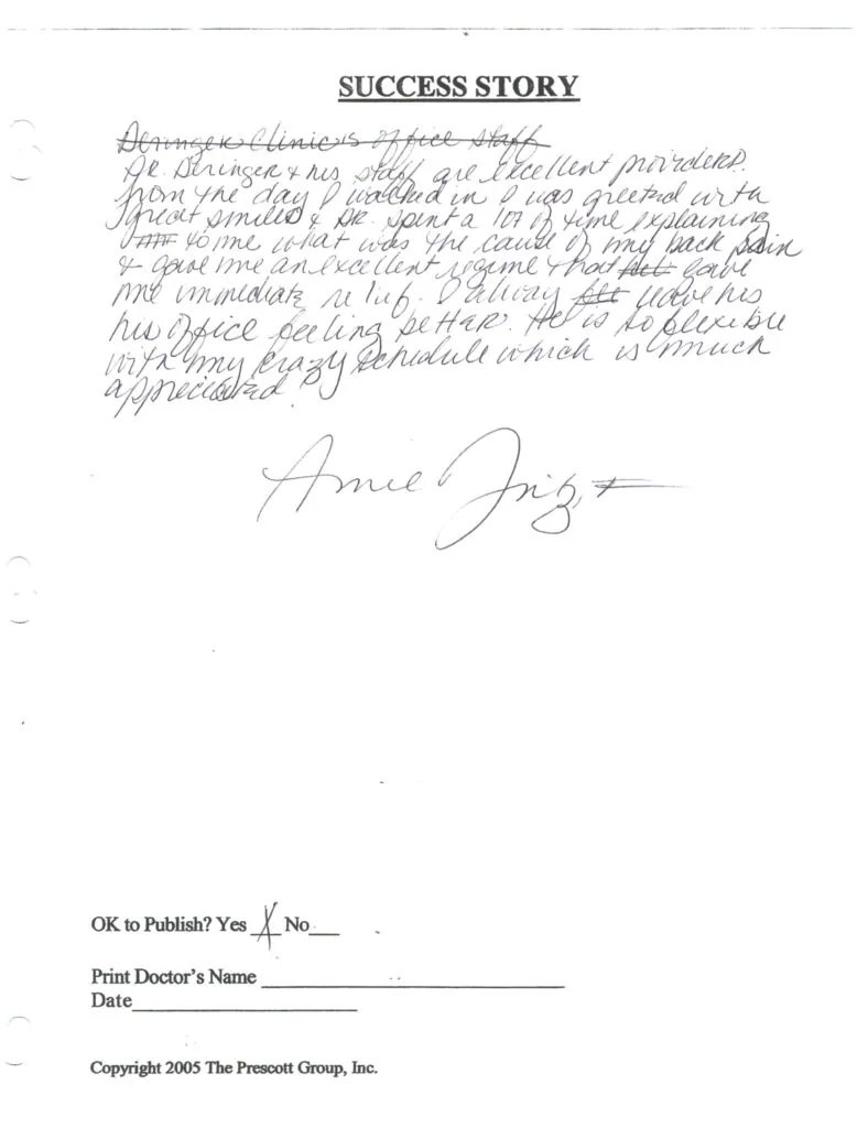 Handwritten success story testimonial on Dieringer Chiropractic letterhead, signed and dated, with publication approval checkbox