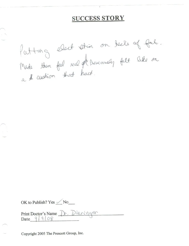 Handwritten success story document with patient testimonial about heel pain relief, dated 9/19/05, signed by Dr. Dieringer