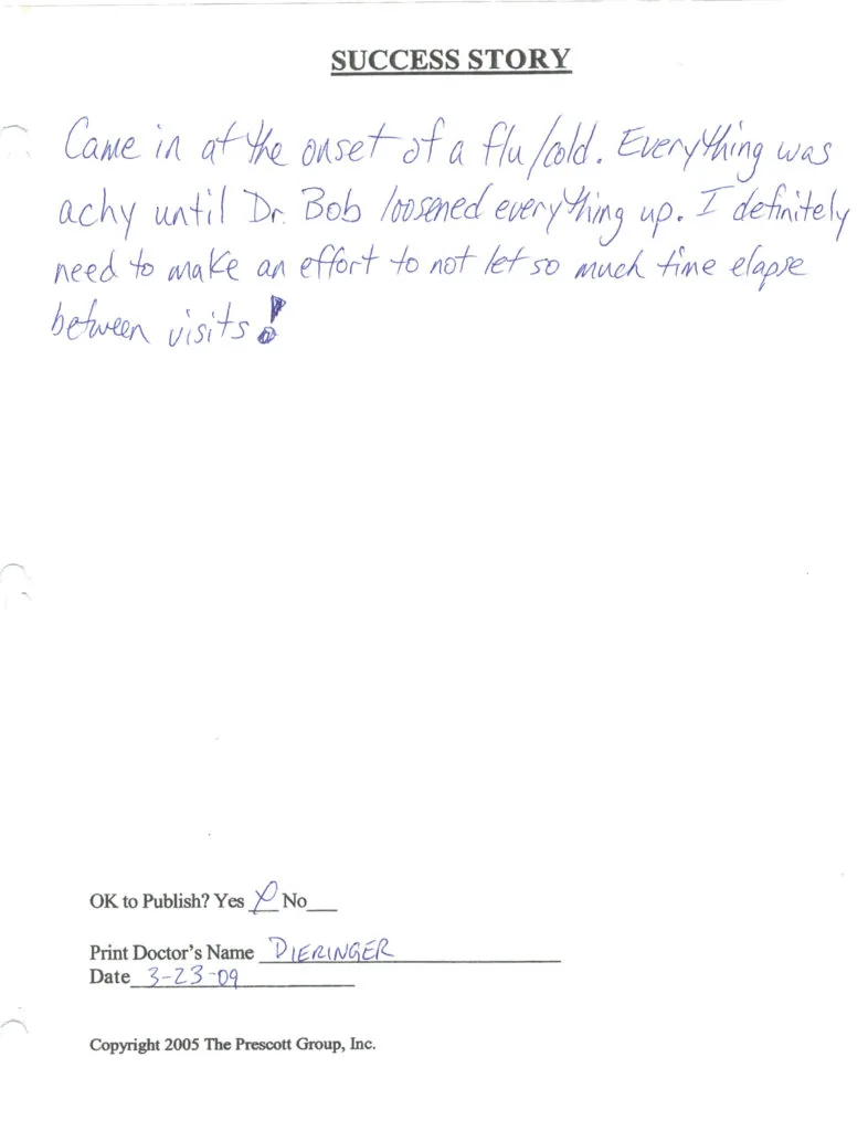 Handwritten success story describing flu relief after chiropractic care, signed by Dr. Bob Dieringer, dated 3-23-09