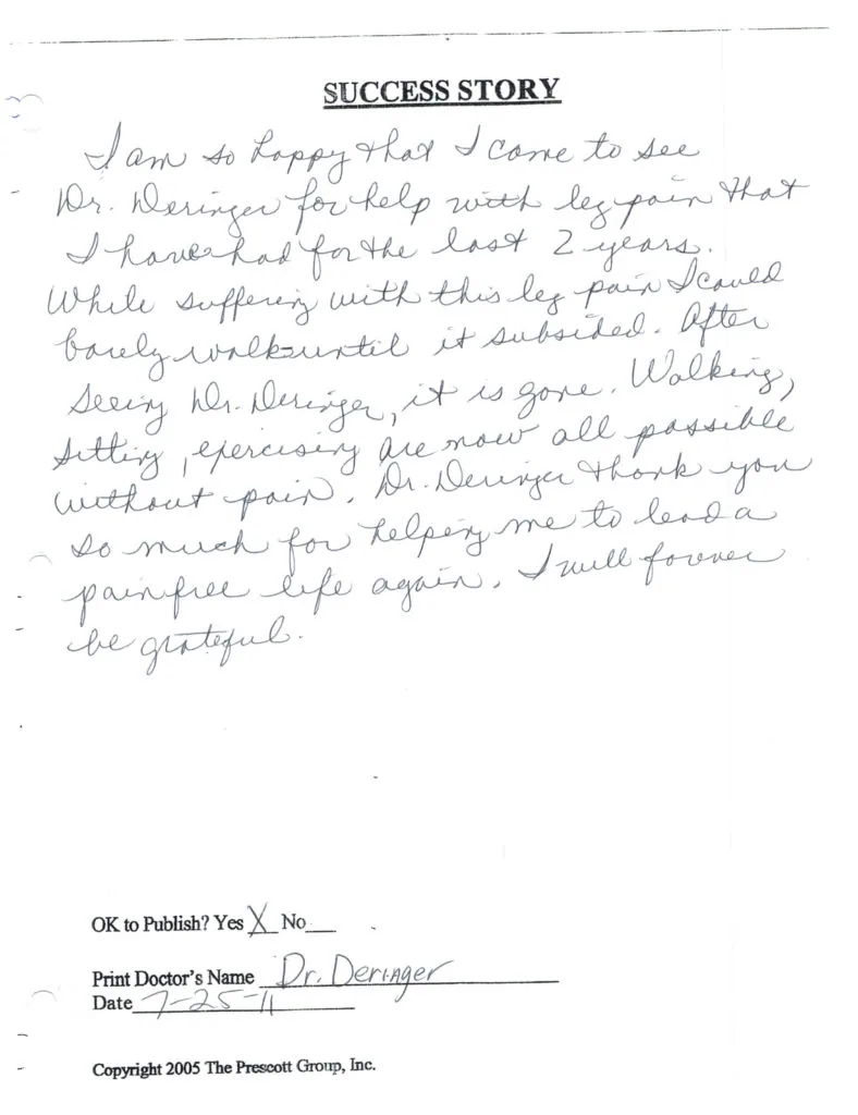 Handwritten success story testimonial expressing gratitude to Dr. Dieringer for chiropractic care that resolved leg pain over two years