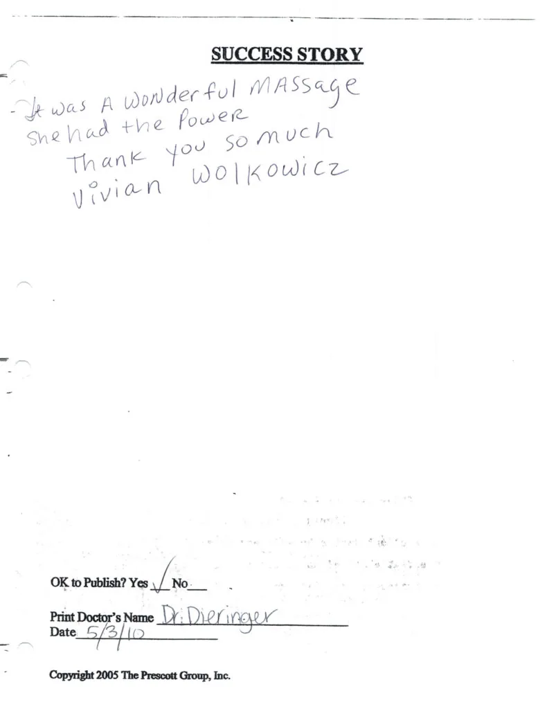 Handwritten success story testimonial praising a massage therapist's skill, dated 5/29/10