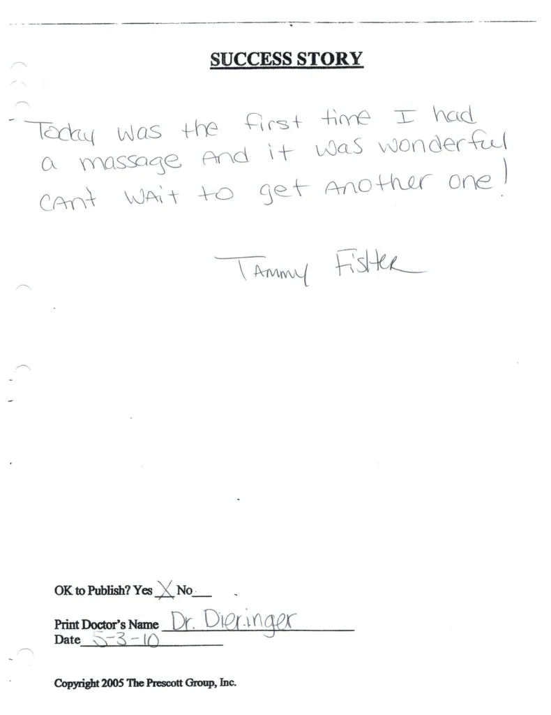Handwritten success story testimonial praising first massage experience, signed by Tammy Fisher, marked OK to publish