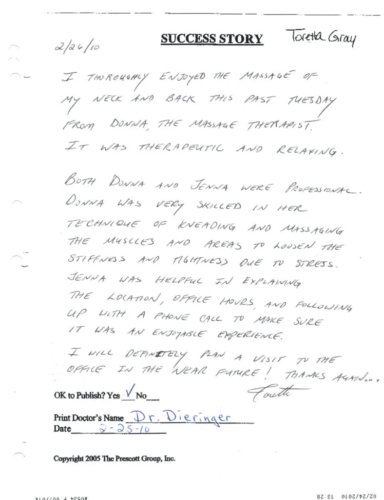Handwritten success story from patient Tonia Gray dated 2/26/10 describing positive massage experience at clinic