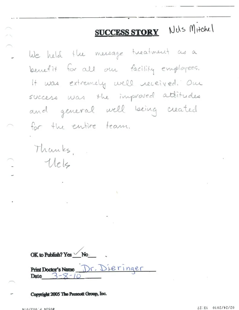 Handwritten success story testimonial dated 3-8-10, signed by Nels, praising massage treatment benefits for facility employees