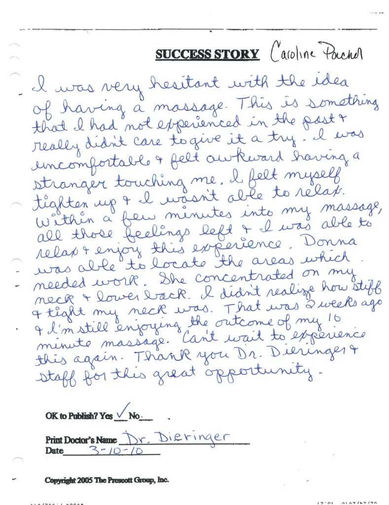 Handwritten success story from Caroline Phenix describing positive experience with massage therapy and chiropractic care, dated 3-10-10.